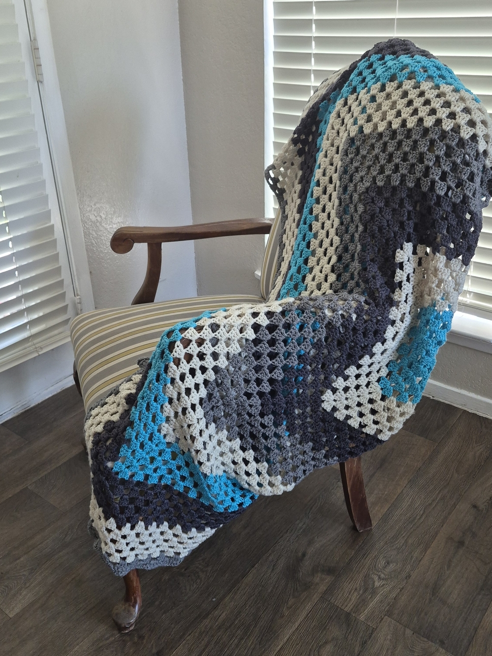Handmade Crochet Granny Square Blanket - Blue & Grey Throw 56x56 Cozy Boho